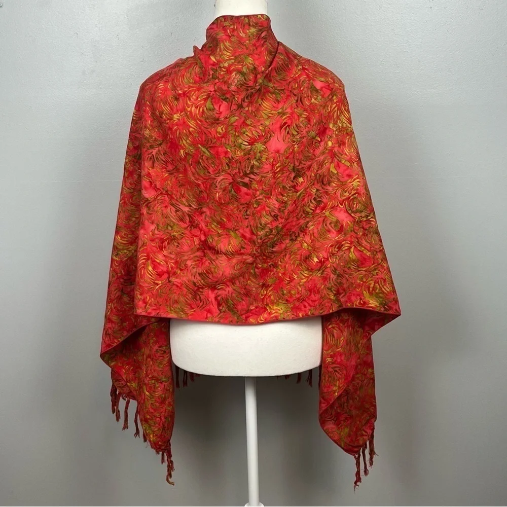 Coral & green batik print fringed lightweight sarong wrap.